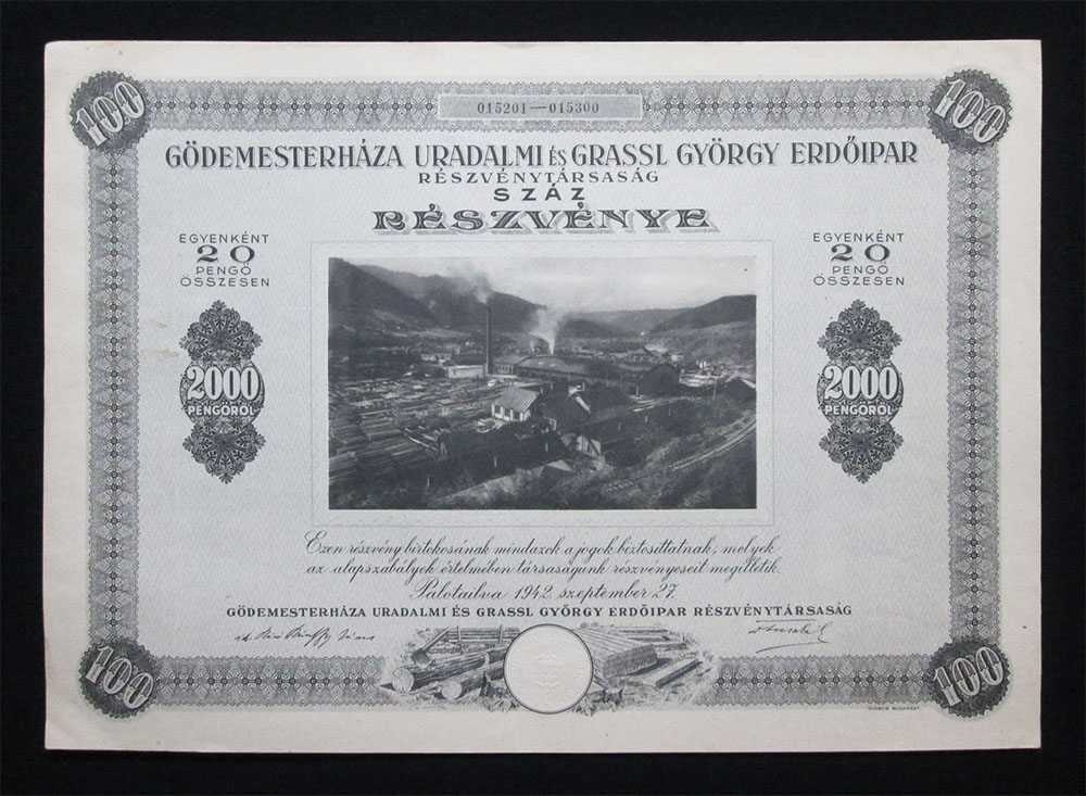 Gödemesterháza Uradalmi és Grassl Erdőipar részvény 1942 (ROU)